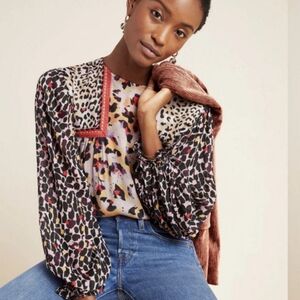 Anthropologie Blank Joelle Leopard Peasant Blouse Size Large, NWOT